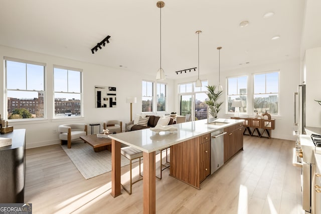 kitchen featuring brown cabinetry, plenty of natural light, dishwasher, and modern cabinets
