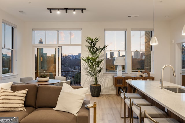 living area with a view of city, wood finished floors, and visible vents