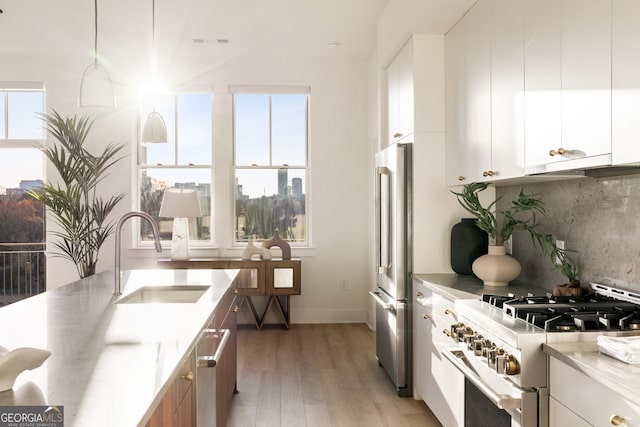 kitchen with a sink, white cabinetry, light wood-style floors, tasteful backsplash, and high end appliances