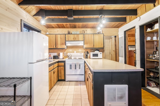 kitchen with wood ceiling, decorative light fixtures, white appliances, light tile patterned floors, and beamed ceiling