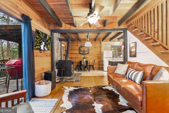 30 Cheyenne Trl, Blue Ridge, GA 30513 - living area with wooden walls, a wood stove, wooden ceiling, beam ceiling, and hardwood / wood-style flooring