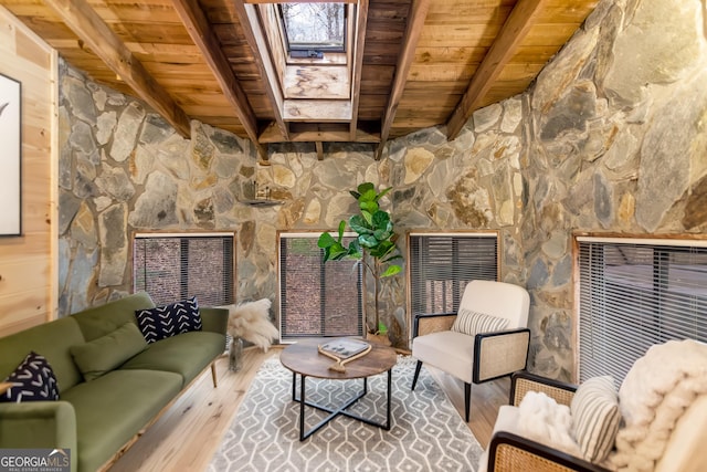 30 Cheyenne Trl, Blue Ridge, GA 30513 - sitting room featuring a skylight, wooden ceiling, wood finished floors, and beam ceiling