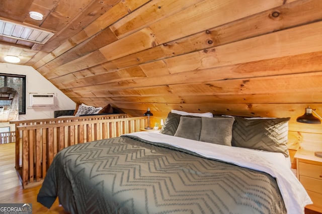 bedroom featuring an AC wall unit, lofted ceiling, wood walls, and wood ceiling