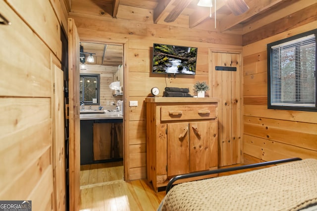 30 Cheyenne Trl, Blue Ridge, GA 30513 - bedroom featuring beamed ceiling, light wood-type flooring, and wood walls