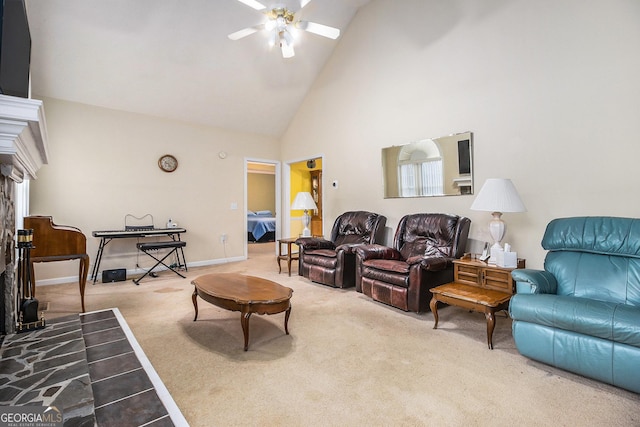 living room with baseboards, ceiling fan, high vaulted ceiling, and carpet flooring