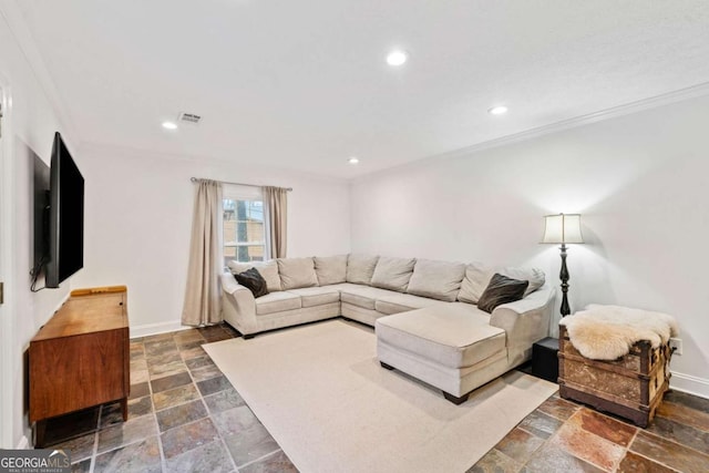 living room featuring recessed lighting, baseboards, visible vents, and stone tile floors