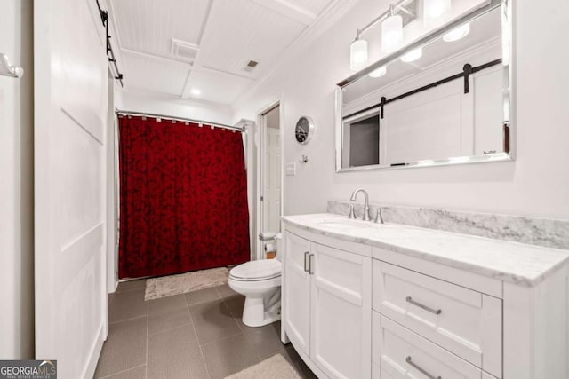 bathroom featuring visible vents, a shower with shower curtain, toilet, tile patterned flooring, and vanity