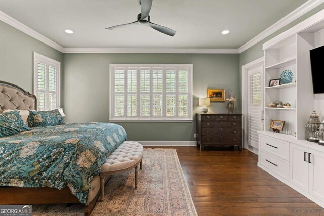 bedroom with recessed lighting, dark wood-type flooring, and crown molding