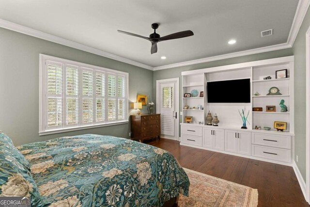 bedroom with recessed lighting, dark wood-type flooring, visible vents, and ornamental molding