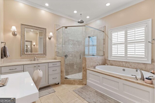 bathroom featuring a garden tub, vanity, recessed lighting, a stall shower, and tile patterned floors