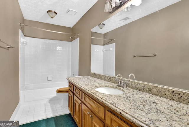 full bath with visible vents, toilet, tile patterned flooring, tub / shower combination, and vanity