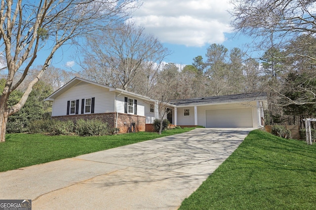 ranch-style house with a garage and a front yard