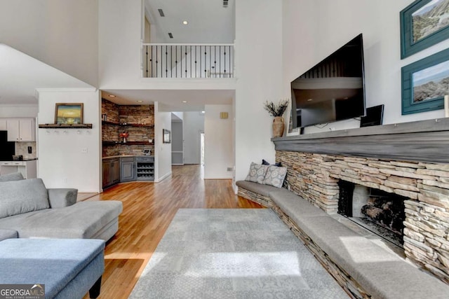 living area with light wood-style flooring, crown molding, and a stone fireplace