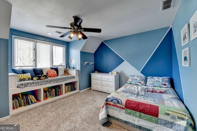 bedroom with ceiling fan, baseboards, visible vents, and light colored carpet