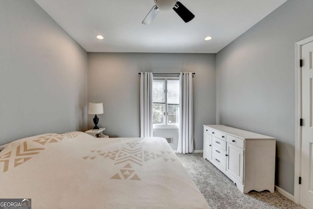 bedroom with ceiling fan, recessed lighting, light carpet, visible vents, and baseboards