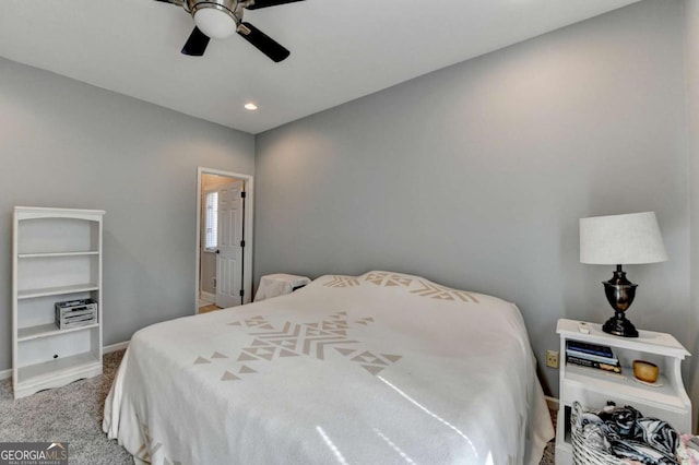 carpeted bedroom with baseboards, a ceiling fan, and recessed lighting