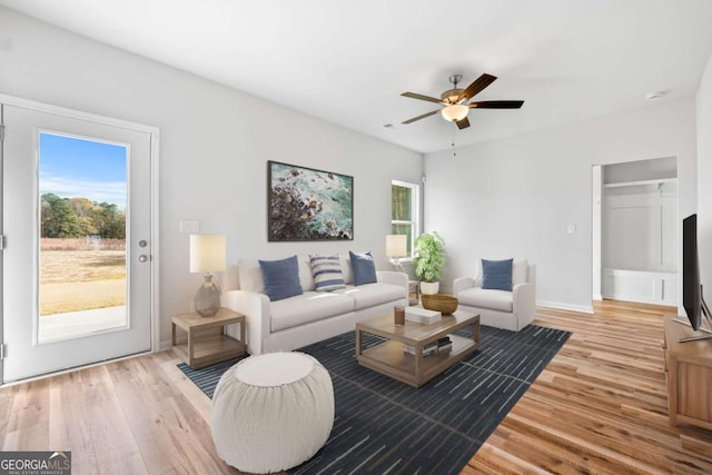 living room featuring ceiling fan, light hardwood / wood-style floors, and a healthy amount of sunlight