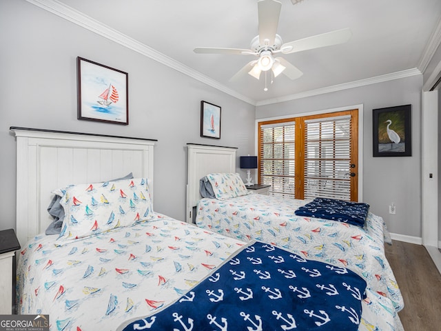 bedroom featuring ornamental molding, wood-type flooring, access to exterior, and ceiling fan