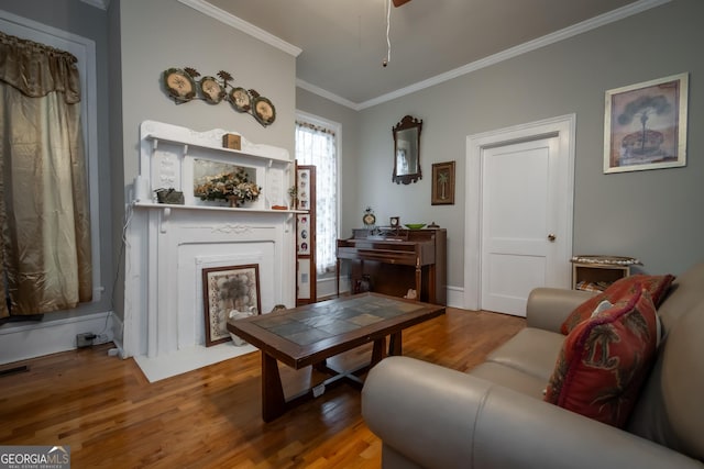 living room featuring wood-type flooring and crown molding