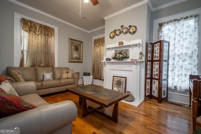 living room featuring ceiling fan, ornamental molding, and hardwood / wood-style floors