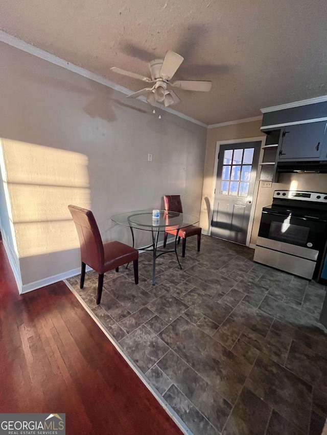 sitting room with crown molding, dark wood-type flooring, a textured ceiling, and ceiling fan