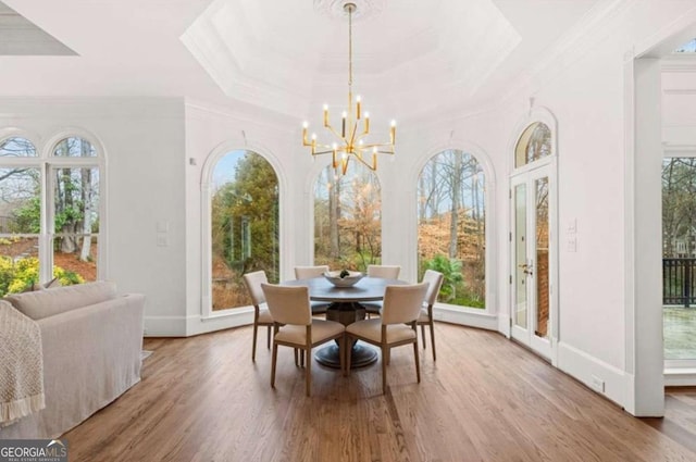 dining area featuring an inviting chandelier, a tray ceiling, wood-type flooring, and a healthy amount of sunlight