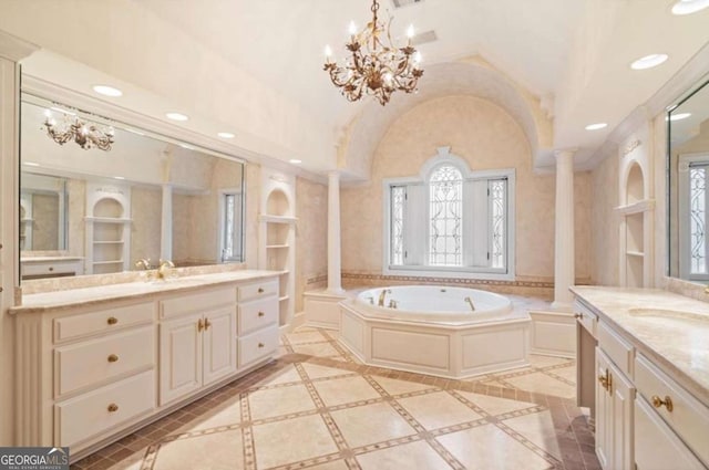 bathroom with built in features and ornate columns