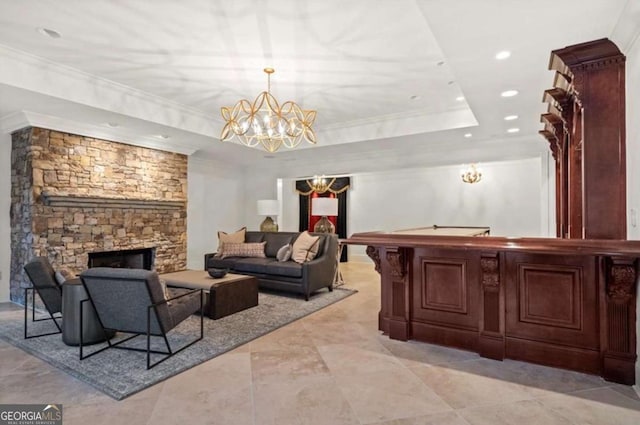 reception featuring an inviting chandelier and a fireplace