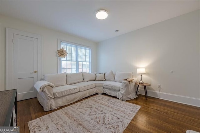 living room featuring dark wood-type flooring