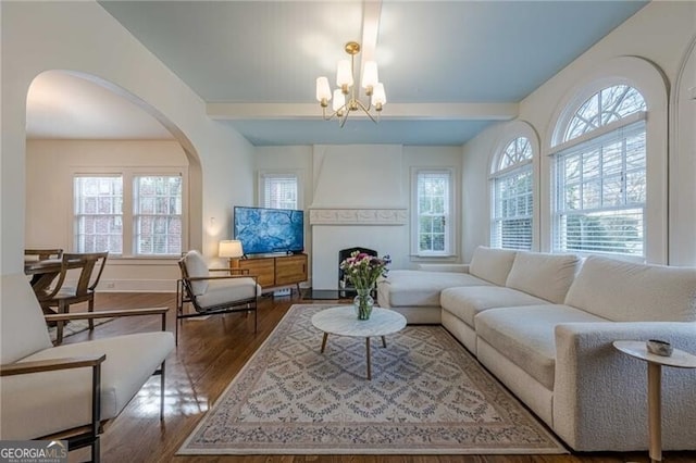 living room with hardwood / wood-style flooring, a healthy amount of sunlight, a chandelier, and beamed ceiling