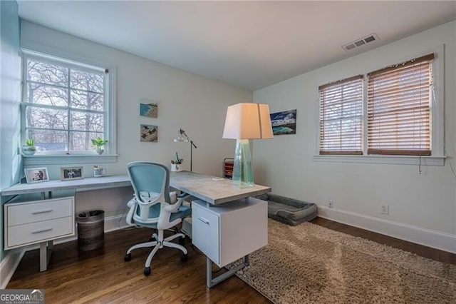 home office featuring dark hardwood / wood-style floors