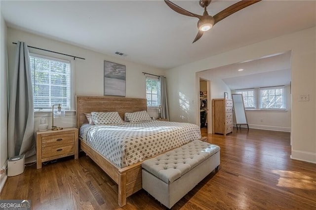 bedroom featuring dark hardwood / wood-style flooring, multiple windows, and ceiling fan