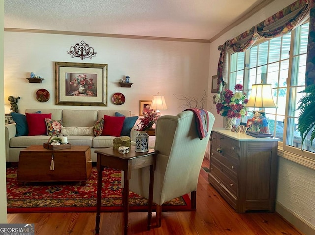 living room with dark hardwood / wood-style flooring, crown molding, and a textured ceiling