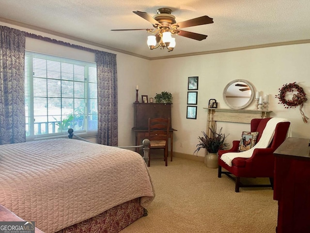 bedroom with crown molding, carpet, and a textured ceiling