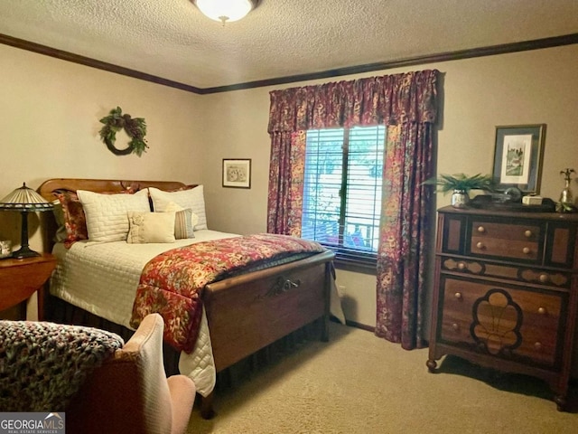 bedroom featuring light carpet, ornamental molding, and a textured ceiling