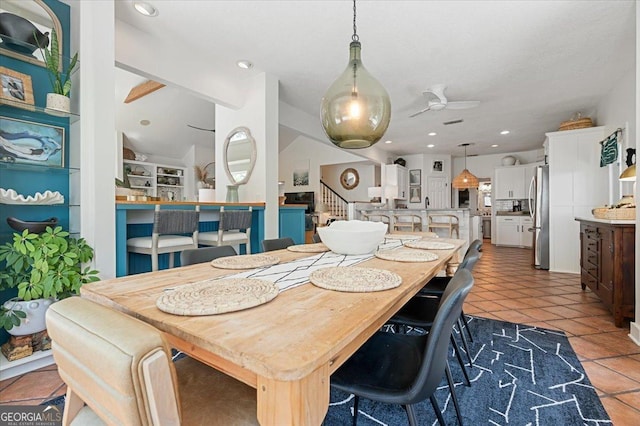 dining room featuring a ceiling fan, recessed lighting, stairway, and light tile patterned floors