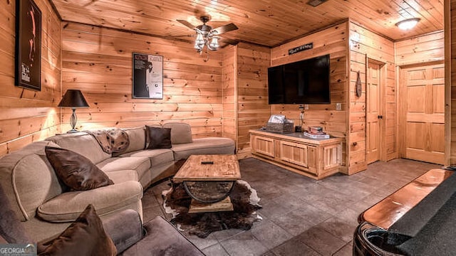 living room with wood ceiling, ceiling fan, and wood walls