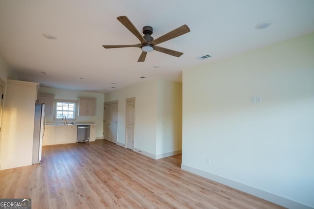 unfurnished living room with sink, ceiling fan, and light hardwood / wood-style flooring