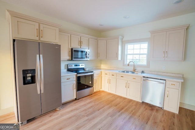 kitchen featuring white cabinetry, appliances with stainless steel finishes, sink, and light wood-type flooring