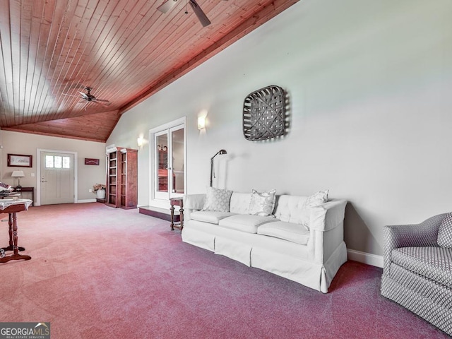 living room with ceiling fan, wood ceiling, carpet floors, and lofted ceiling