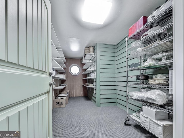 walk in closet with light carpet