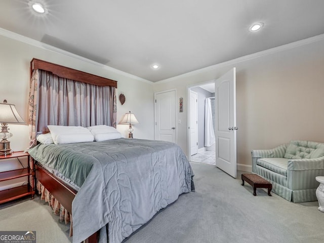 carpeted bedroom featuring ornamental molding