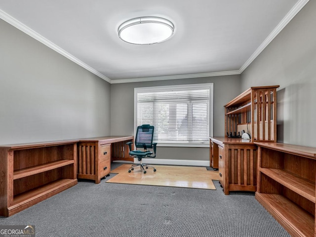 carpeted office space featuring crown molding