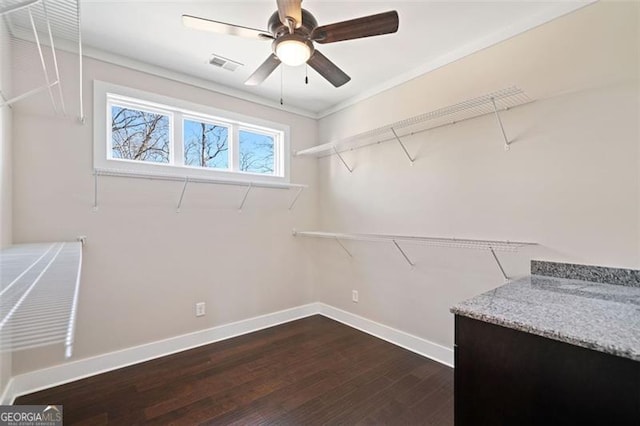 walk in closet with ceiling fan and dark hardwood / wood-style floors