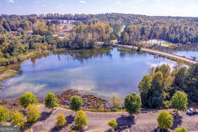 bird's eye view with a forest view and a water view