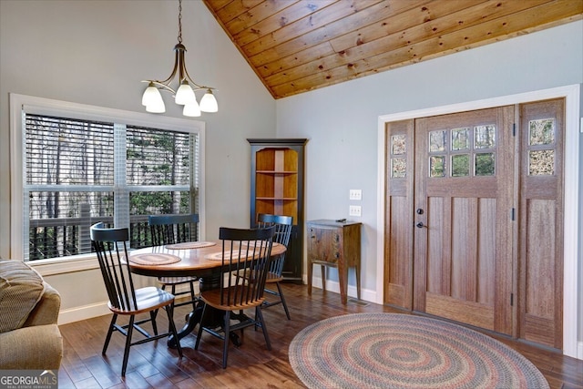 dining room with high vaulted ceiling, dark wood-type flooring, wood ceiling, and an inviting chandelier