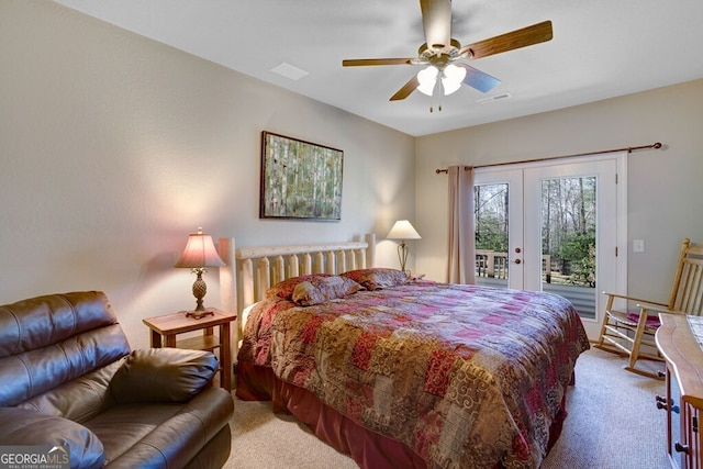 carpeted bedroom with access to outside, ceiling fan, and french doors