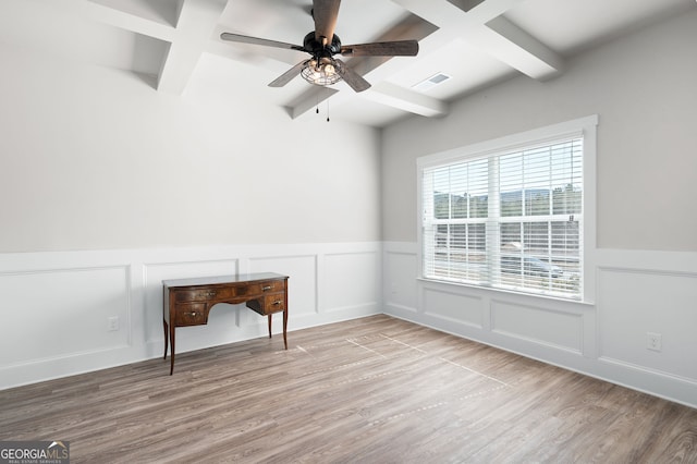 interior space featuring light wood-style flooring, visible vents, coffered ceiling, and beamed ceiling