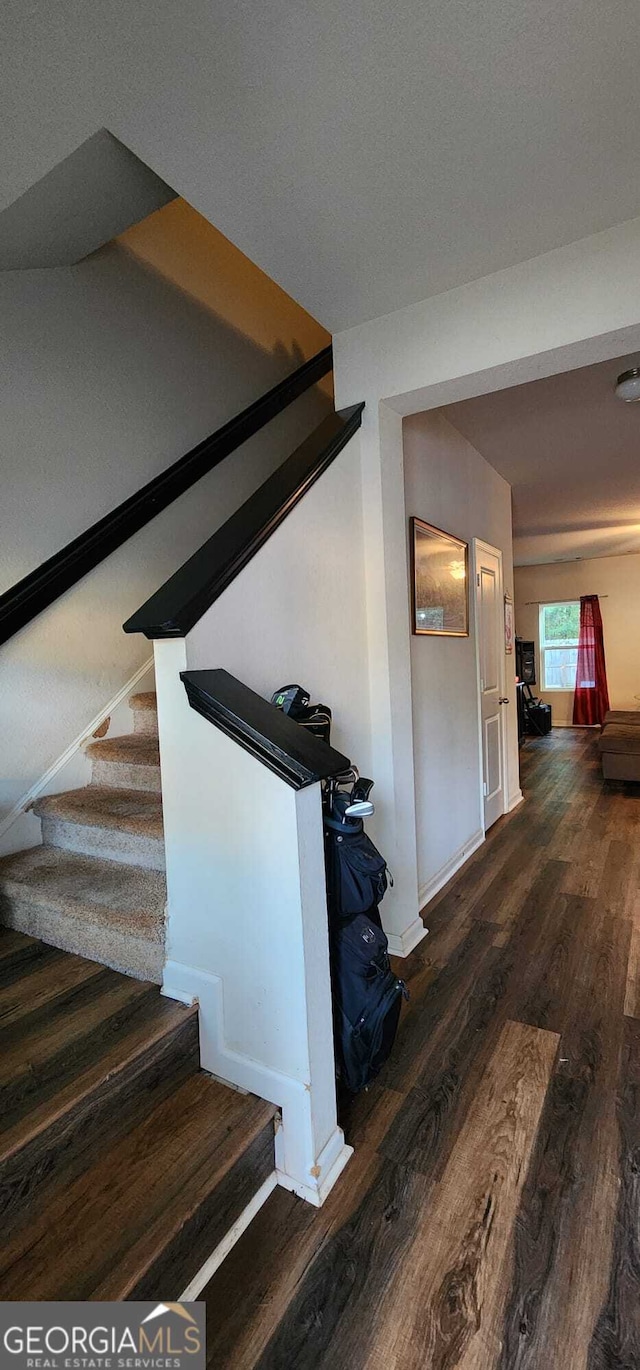 stairs with hardwood / wood-style flooring