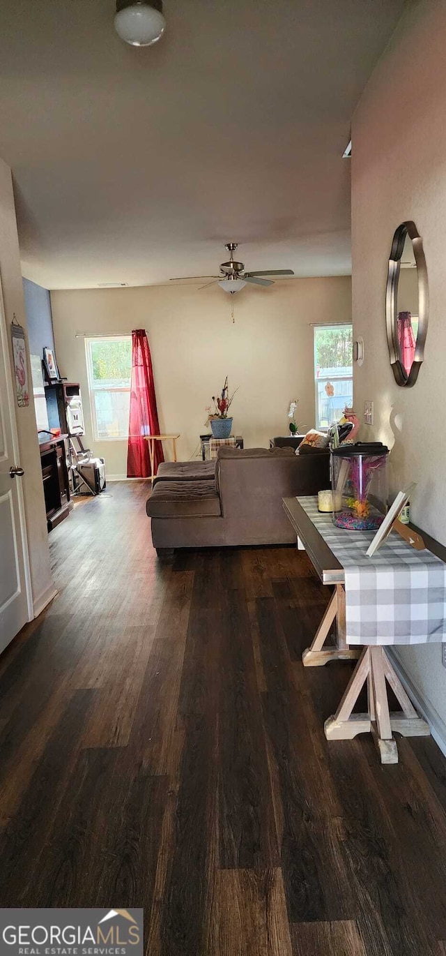 dining room with hardwood / wood-style flooring and ceiling fan